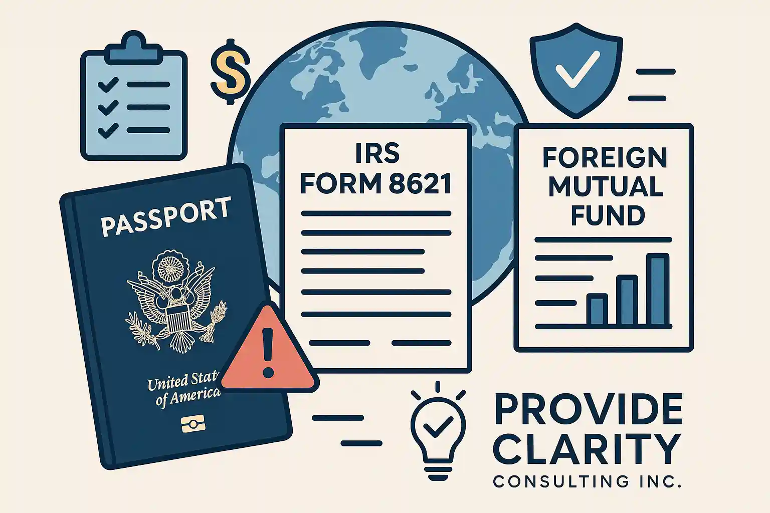 IRS Form 8621 and foreign mutual fund reporting for US expats with US passport, PFIC tax compliance warning, and Provide Clarity Consulting Inc. branding