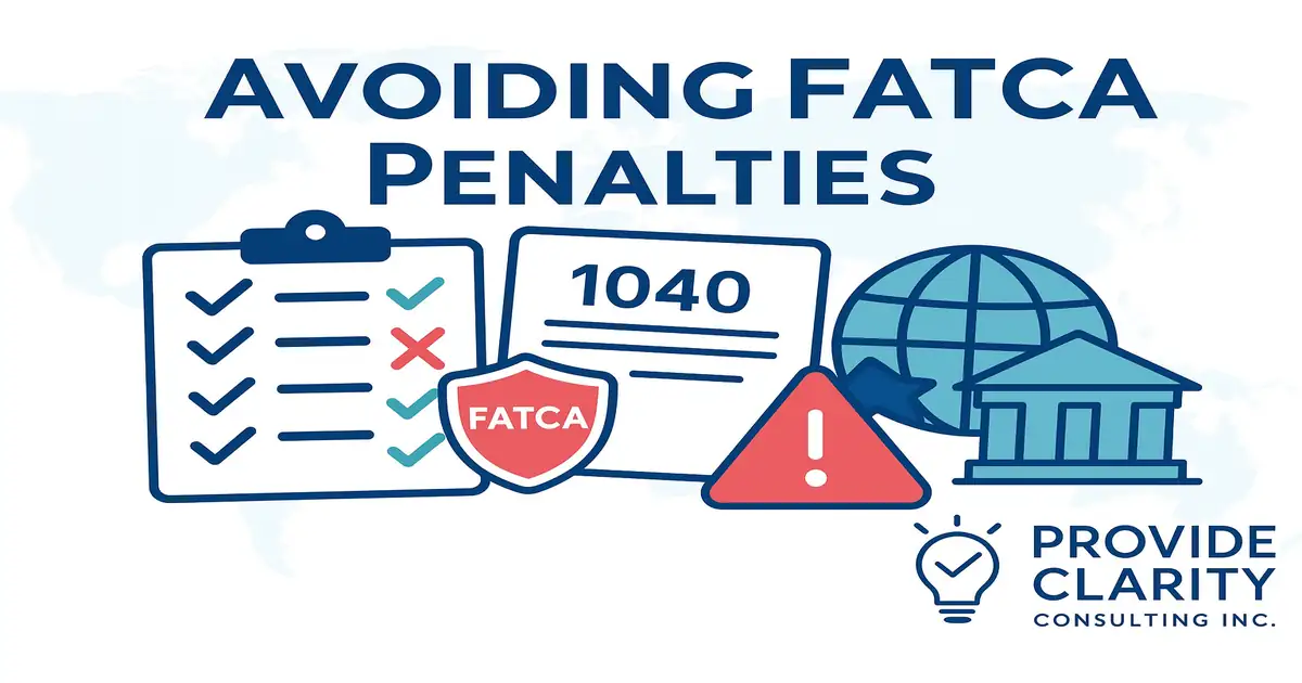 Avoiding FATCA Penalties – Compliance checklist, IRS Form 1040, FATCA shield, warning symbol, and global banking icons by Provide Clarity Consulting Inc.