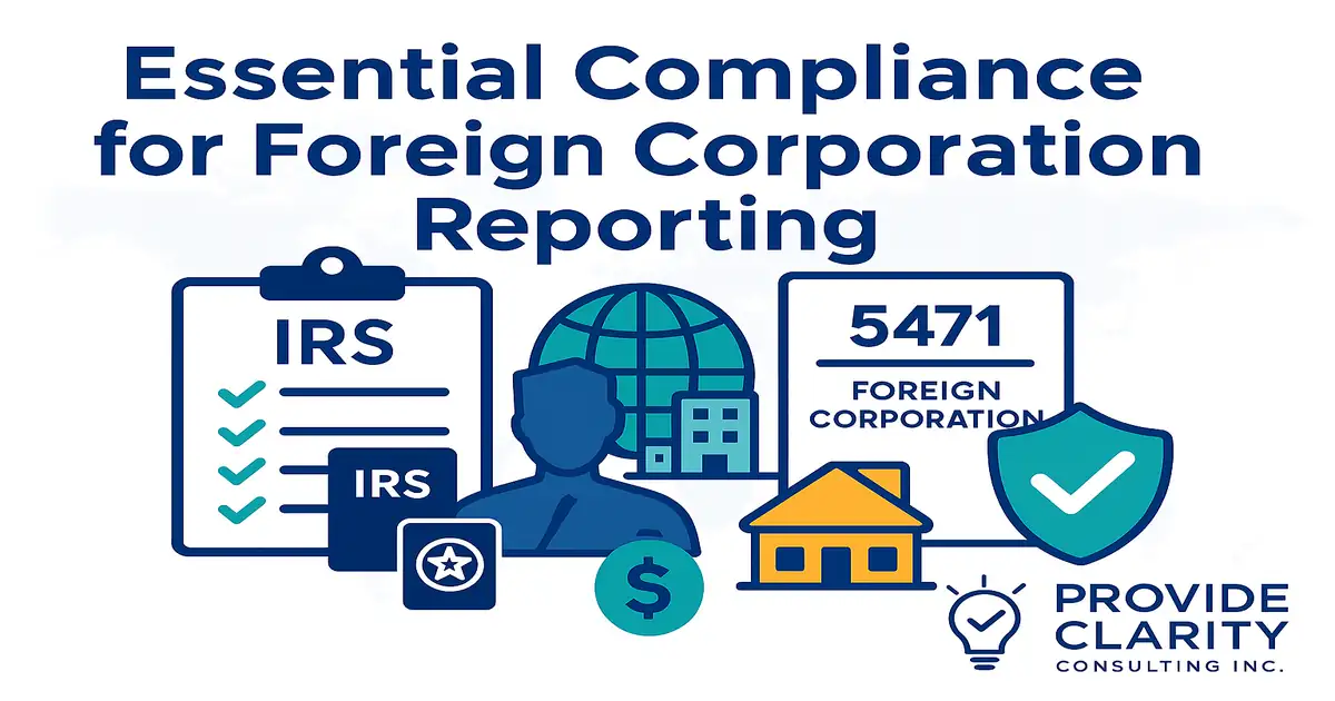 Graphic highlighting 'Essential Compliance for Foreign Corporation Reporting' with IRS checklists, Form 5471, a globe, shield, and Provide Clarity Consulting Inc. logo.
