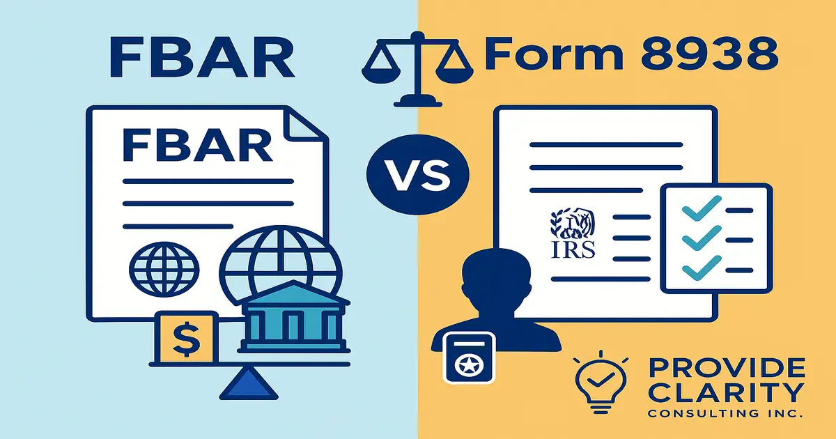 Visual comparison of FBAR and Form 8938 reporting requirements, with icons representing global assets, banks, IRS forms, and checklists, branded by Provide Clarity Consulting Inc.