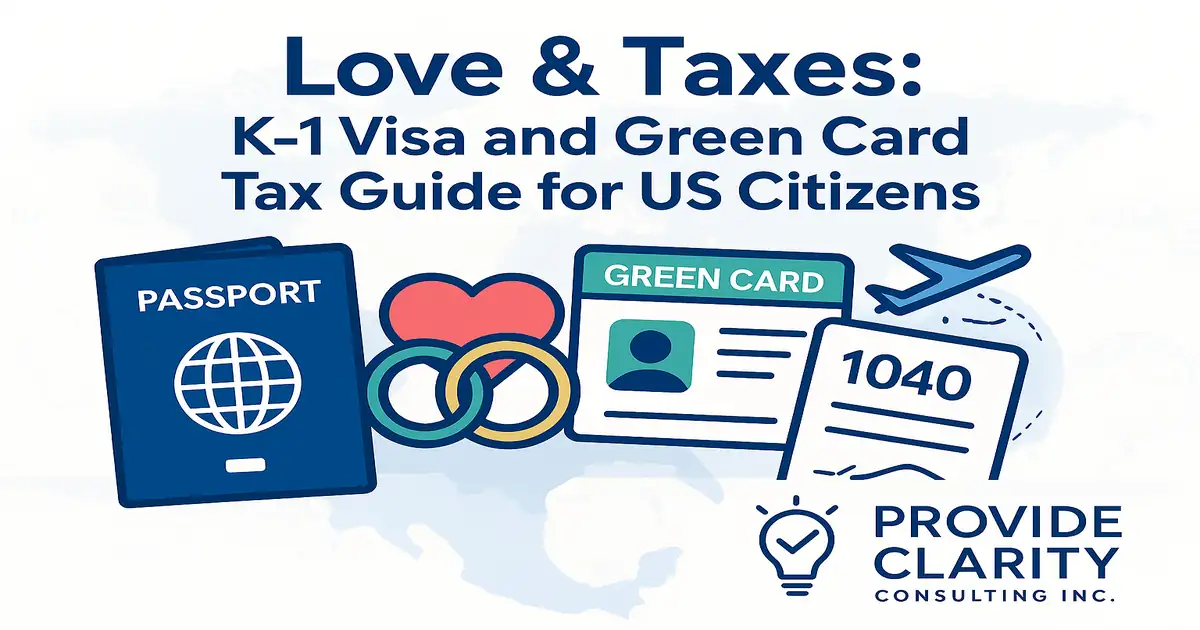 K-1 visa and green card tax guide for US citizens, featuring passport, wedding rings, Form 1040, green card, and airplane graphic — Provide Clarity Consulting Inc.