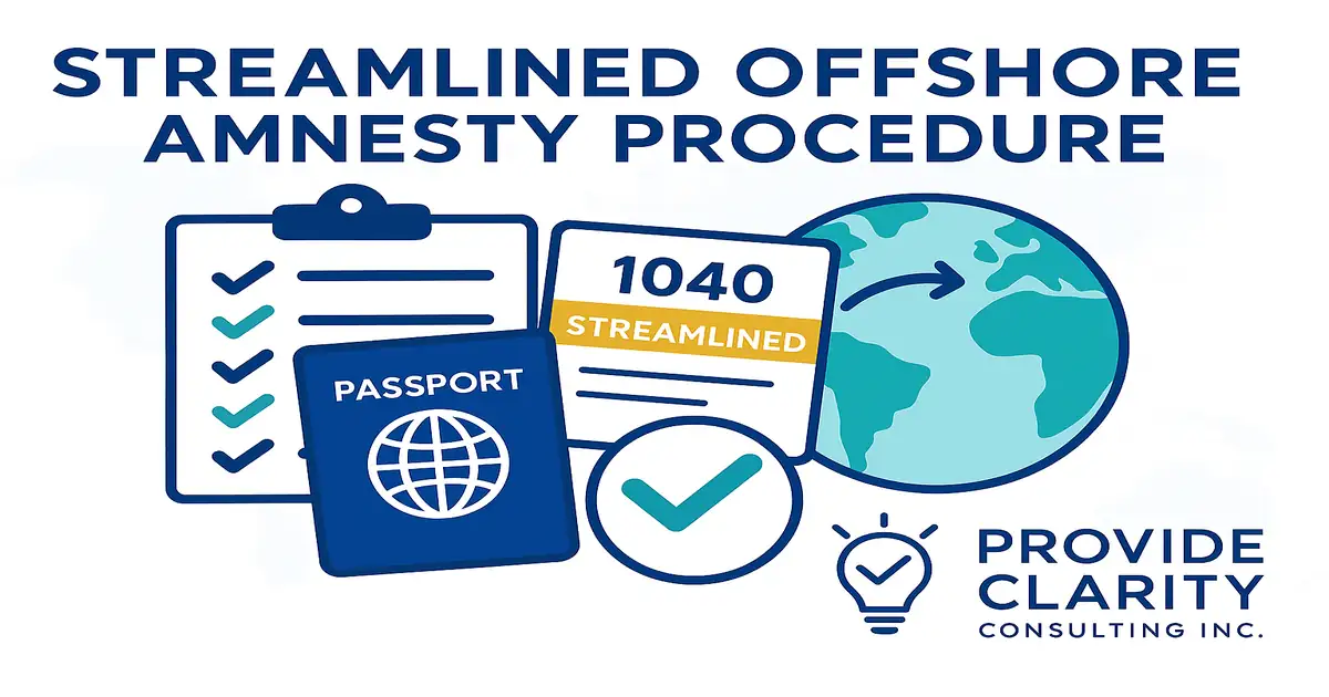 Streamlined Offshore Amnesty Procedure illustration with IRS Form 1040, checklist, passport, and global arrow, U.S. tax compliance support for expats from Provide Clarity Consulting Inc.