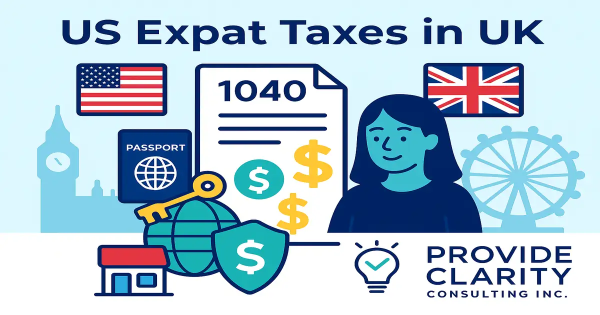 Illustration for 'US Expat Taxes in UK' featuring IRS Form 1040, passport, globe, US and UK flags, Big Ben, London Eye, currency symbols, and a smiling expat, with Provide Clarity Consulting Inc. branding.